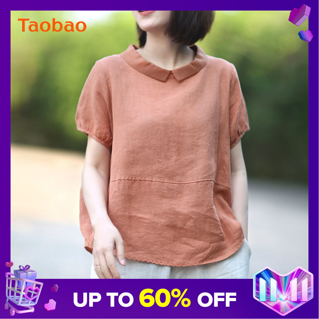 2021 Summer New Artistic Casual Korean Style Loose Casual Large Size Imitation Cotton and Linen Short Sleeve Stitching Lapel Shirt for Women