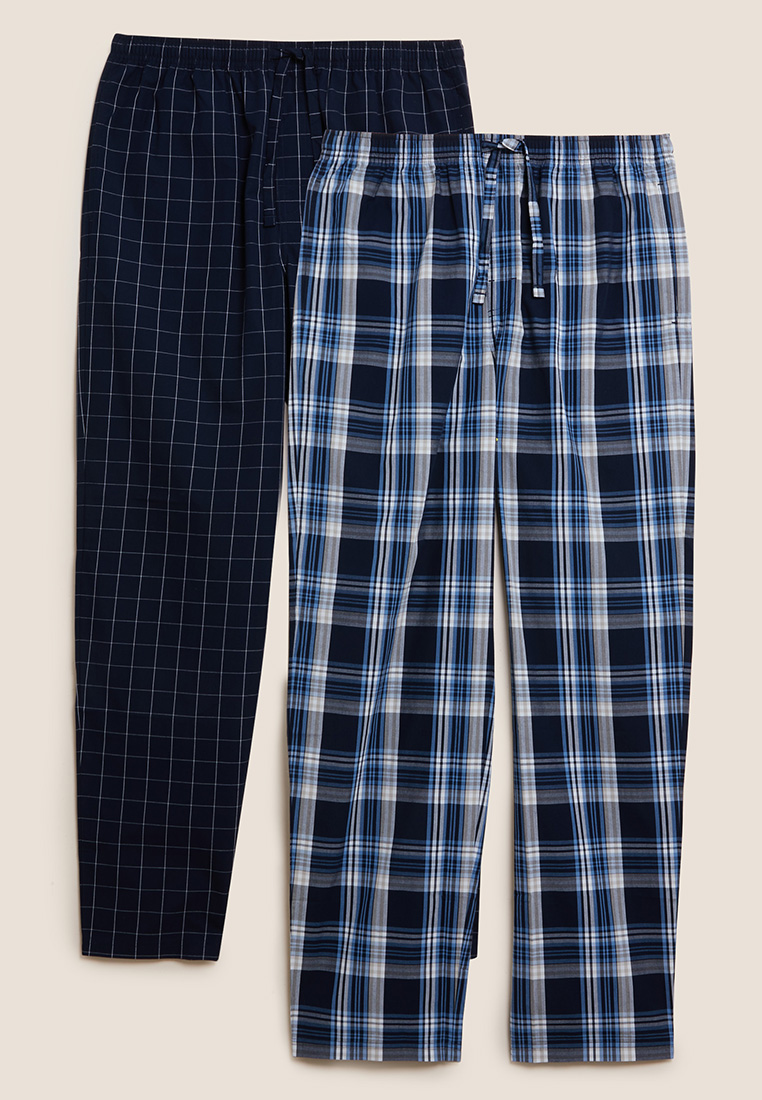 M&S 2 Pack Pure Cotton Checked Pyjama Bottoms