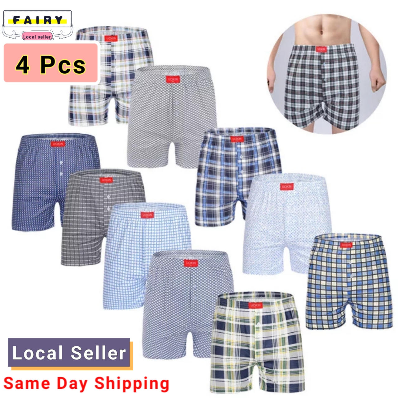 (SG Seller) 4 Pcs Men Plaid Printing Loose Boxer Casual Shorts Arrow Pants Pajamas Home Wear Wide Led Elastic Waist Breathable Underwear Plus Size Sleep wear Underpants