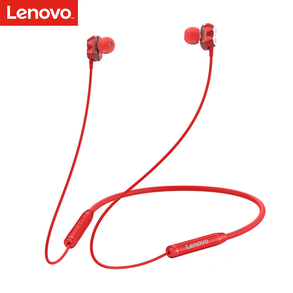 Lenovo HE08 BT 5.0 Neckband Wireless Headphone w/Dual Dynamic + 4 Speakers/Noise Reduction HiFi Stereo Earphone Waterproof Sport Magnetic Headset With Mic Compatible with iOS/Android